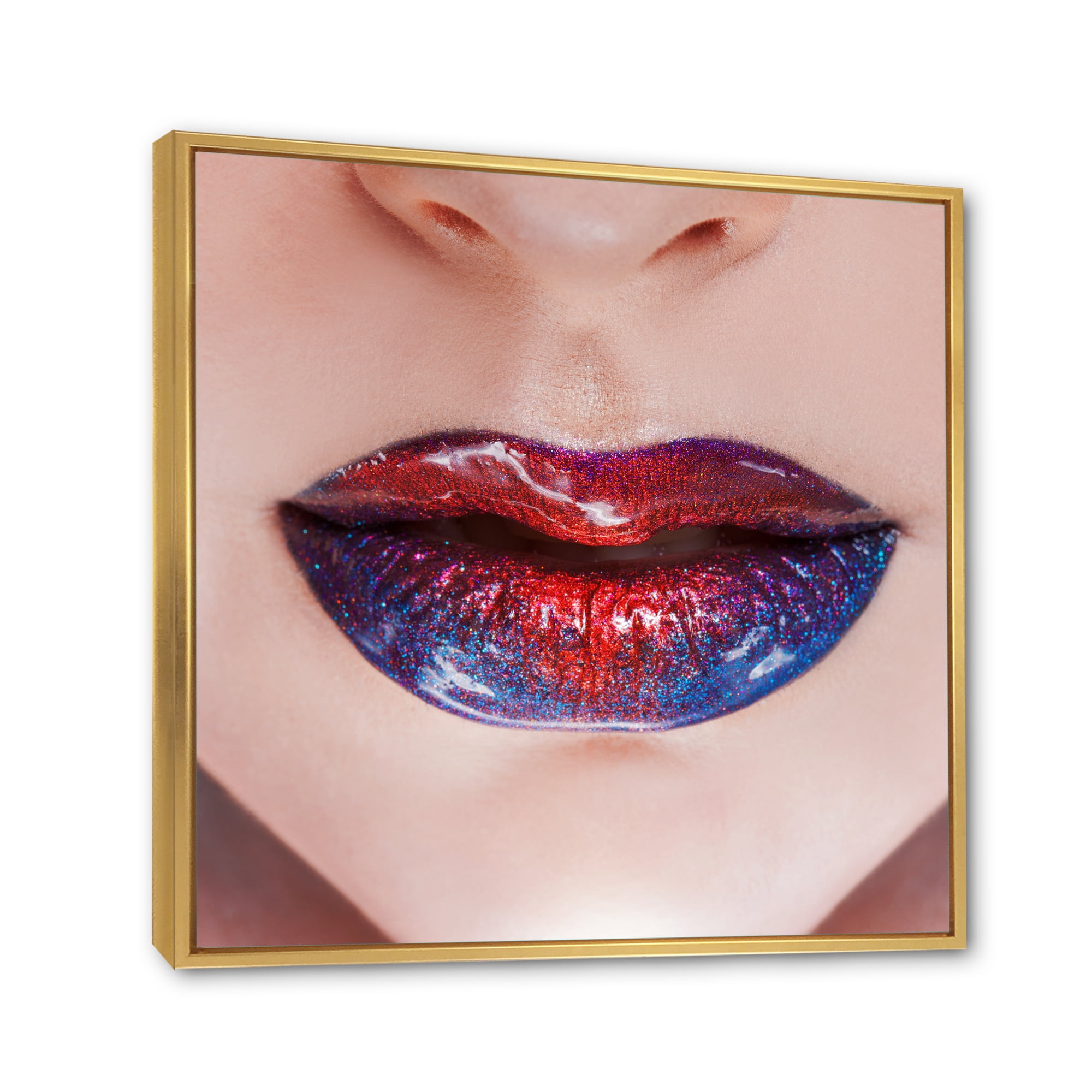 Designart 'Beautiful Women Lips With Red and Blue Lipstick' Modern Framed Canvas Wall Art Print