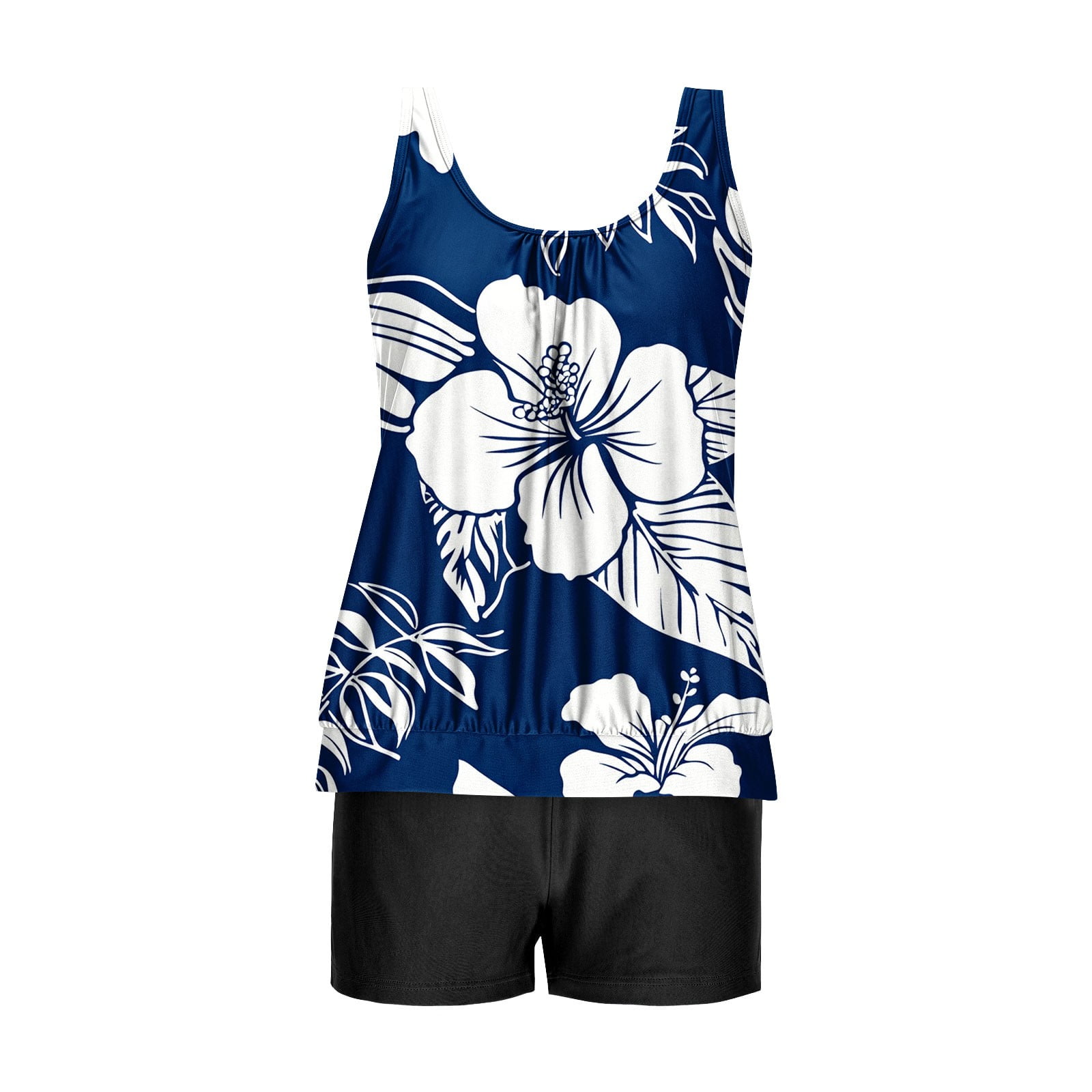 Jsaierl Women's Two Piece Tankini Bathing Suits Blouson Swim Tops Summer Print Swimwear Conservative Cute Modest Beachwear with Swim Shorts Tankini Swimsuits