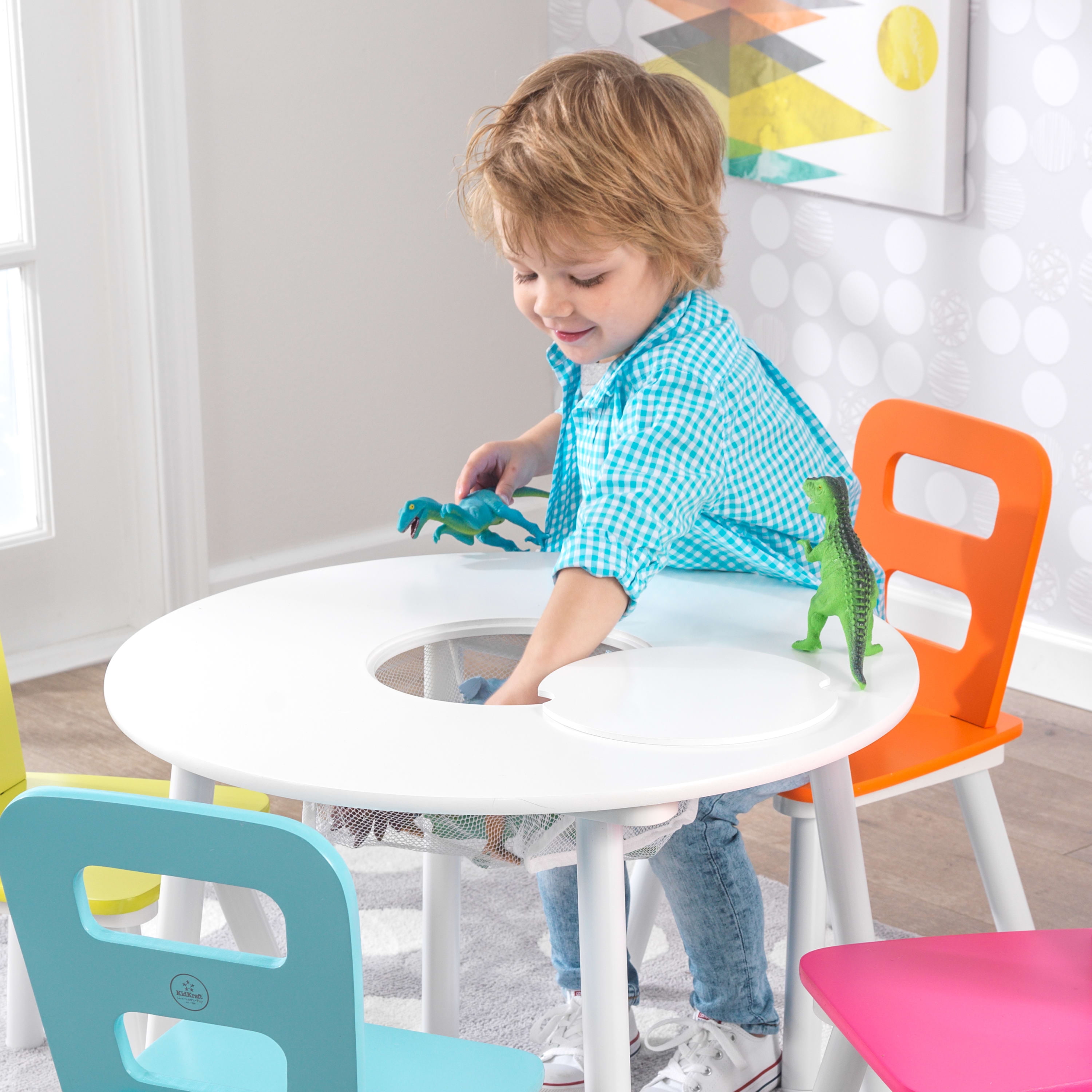 KidKraft Wooden Kids Round Storage Table 4 Chair Set White