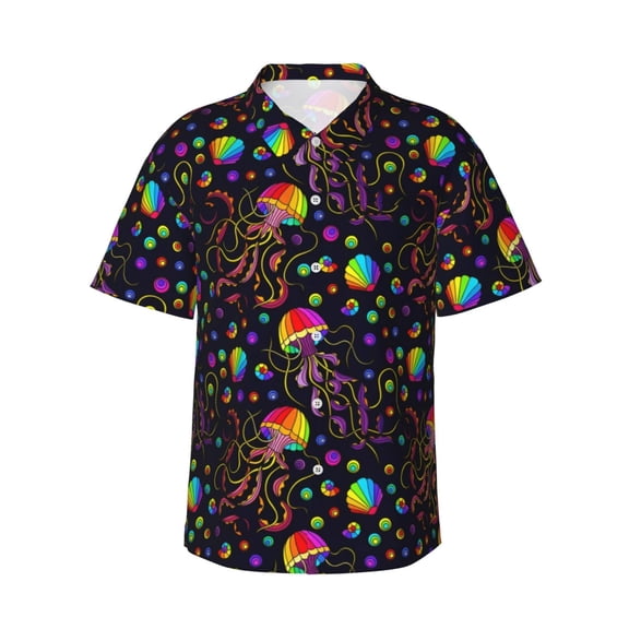 Unisex Casual Short Sleeve Button Down Hawaiian Shirts,Rainbow Jellyfishes Shells Marine Shirts Regular Fit Beach Summer Shirts with Front Pocket,XL
