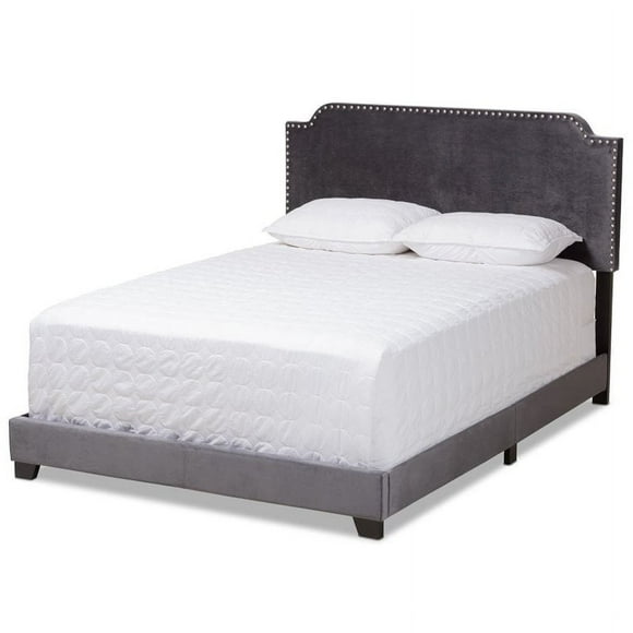 Baxton Studio Candace Velvet Nailhead Upholstered Queen Bed in Grey