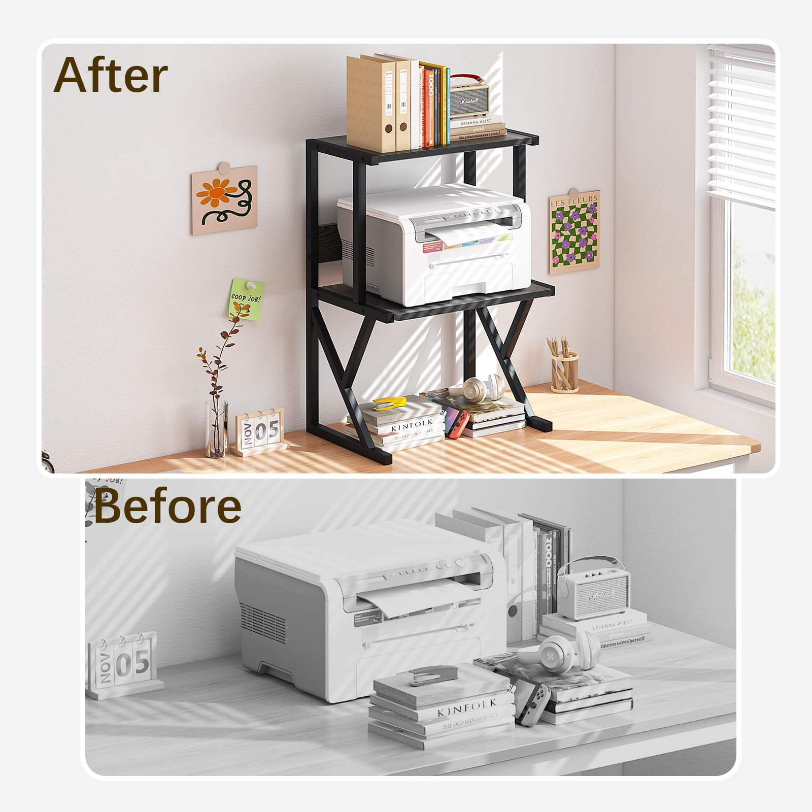 Desktop Printer Stand with 3 Tier Wood Storage Shelves,Under Desk Printer Table,Multi-Purpose Home Office Desk Organizer for Fax Machine, Scanner (Black)