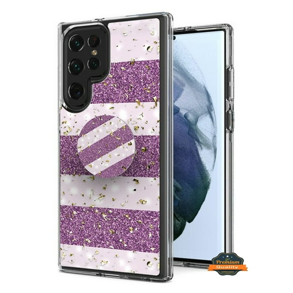 For Samsung Galaxy S22 Ultra Elegant Pattern Design Bling Glitter Hybrid Cases with Ring Stand Pop Up Finger Holder Phone Case Cover by Xpression [Purple White]