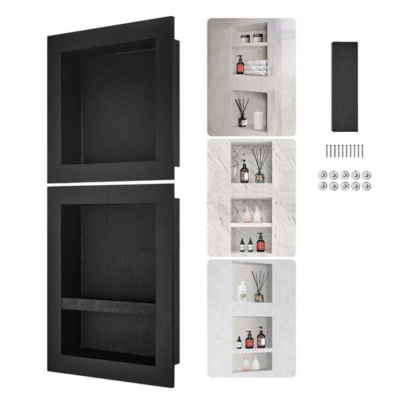 Wqmh Shower Niche Ready for Tile 16" x 16" & 16" x 20", Triple Shelf Organizer, Square Corners Wall-Inserted Niche Recessed, Sealed Protection Modern Soap Storage Niche for Shower Bathroom, Black