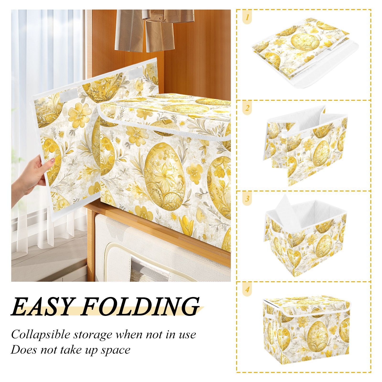 Gold Easter Eggs Storage Basket for Shelves Foldable Container Organizer for Organizing Toys Clothes Books with Handles