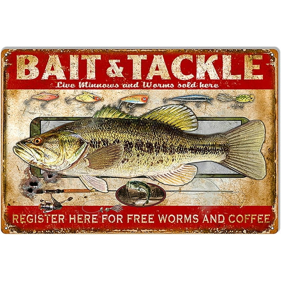 Bait and Tackle Hunting and Fishing Metal Tin Sign Vintage Metal Tin Sign for Men Women,Wall Decor Metal Signs 8x12 Inch