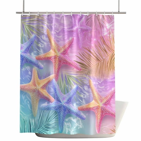 Shower Curtains for Bathroom-60"x72",Summer Colorful Starfish Palm Leaf Waterproof Bath Curtain Grommet Shower Curtain Set with Hooks,Coastal Ocean Plant Life Washable Bath Accessories