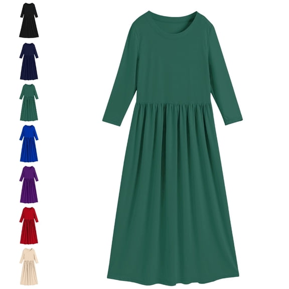 Bmisegm Girls Dress Three Quarter Sleeve Solid Round Neck Ruched Waist Flowy Casual Maxi Dress Dresses for Girls 6-7 Years