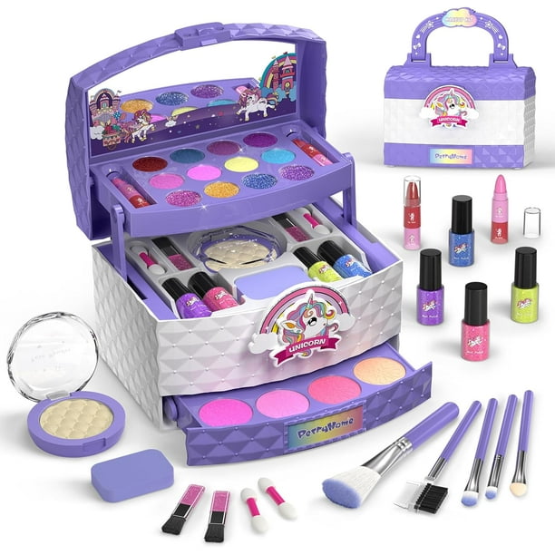 PERRYHOME Kit de maquillaje para niñas, 35 piezas, lavable, cosmético real, seguro y no tóxico, juego de maquillaje para niñas de 3 a 12 años, juguetes para niñas pequeñas, regalo de Navidad y cumplea