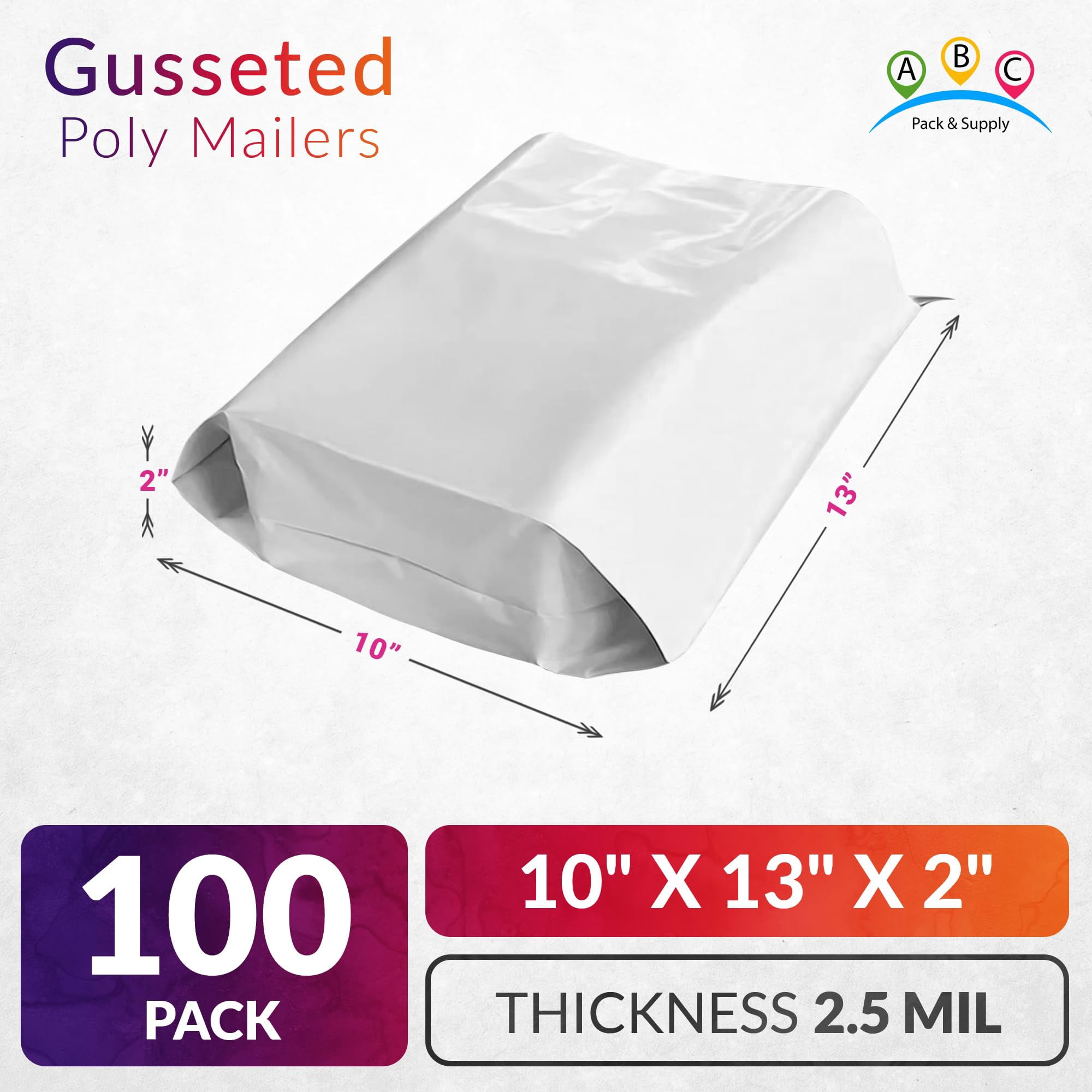 White Gusseted Poly Mailers, Expandable Shipping Envelopes, 100 Count, 10 x 13 x 2 in