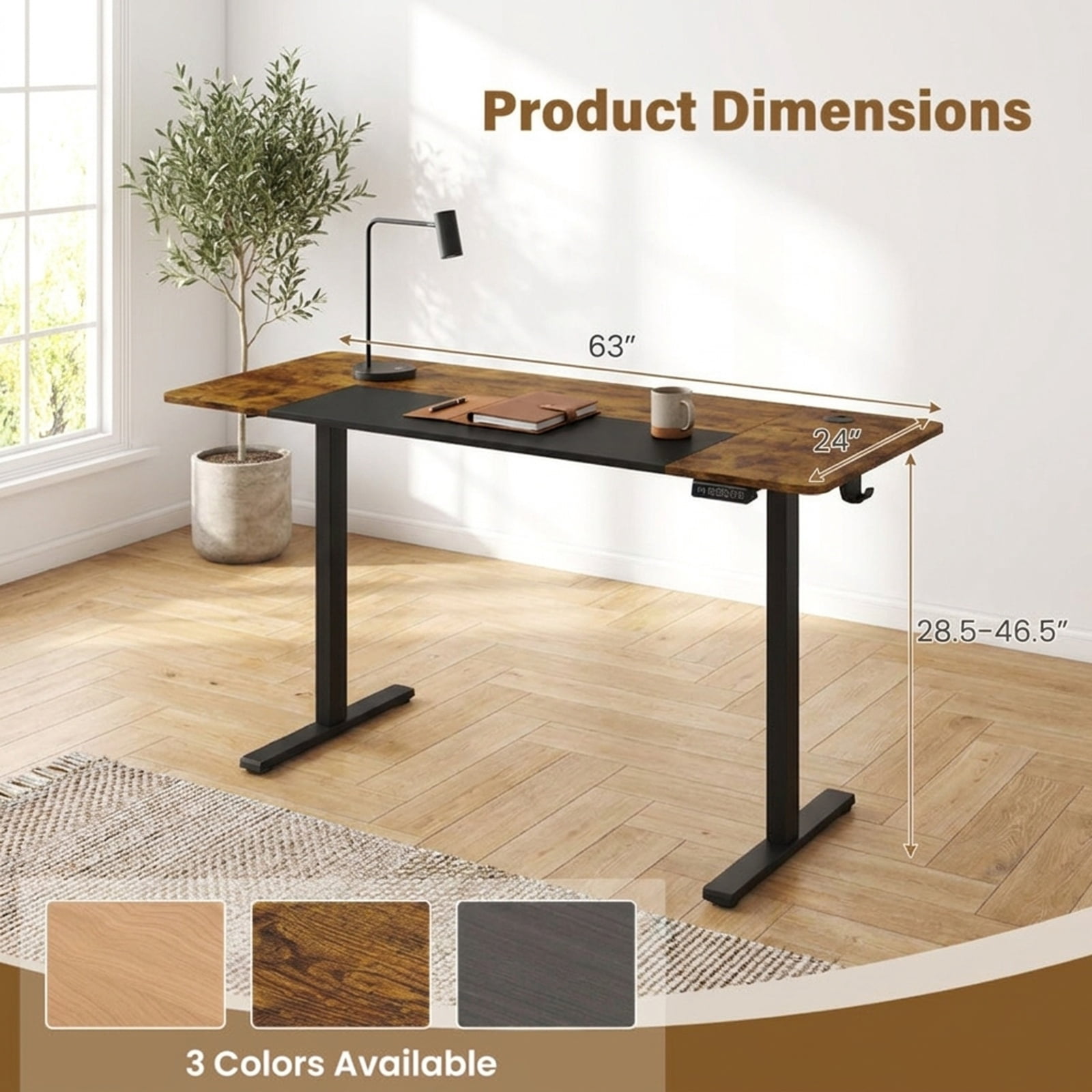 Furnibear 63 x 24 Inch Height Adjustable Sit Stand Computer Desk with 3 Memory Presets for Home Office Study Computer Writing, Rustic Brown