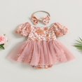 thumbnail image 2 of Baby Romper Dress Flower Print Boat Neck Short Puff Sleeve Jumpsuits, 2 of 8
