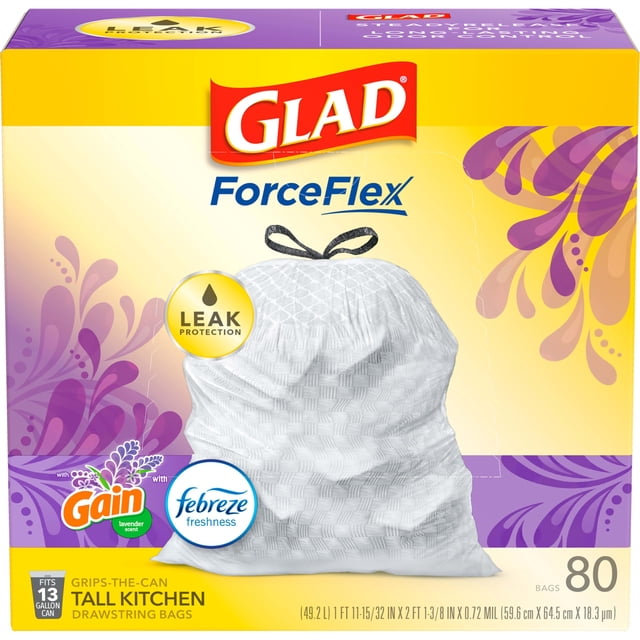 Bolsas de basura Glad ForceFlex Tall Kitchen, 13 litros, 80 quilates, color lavanda