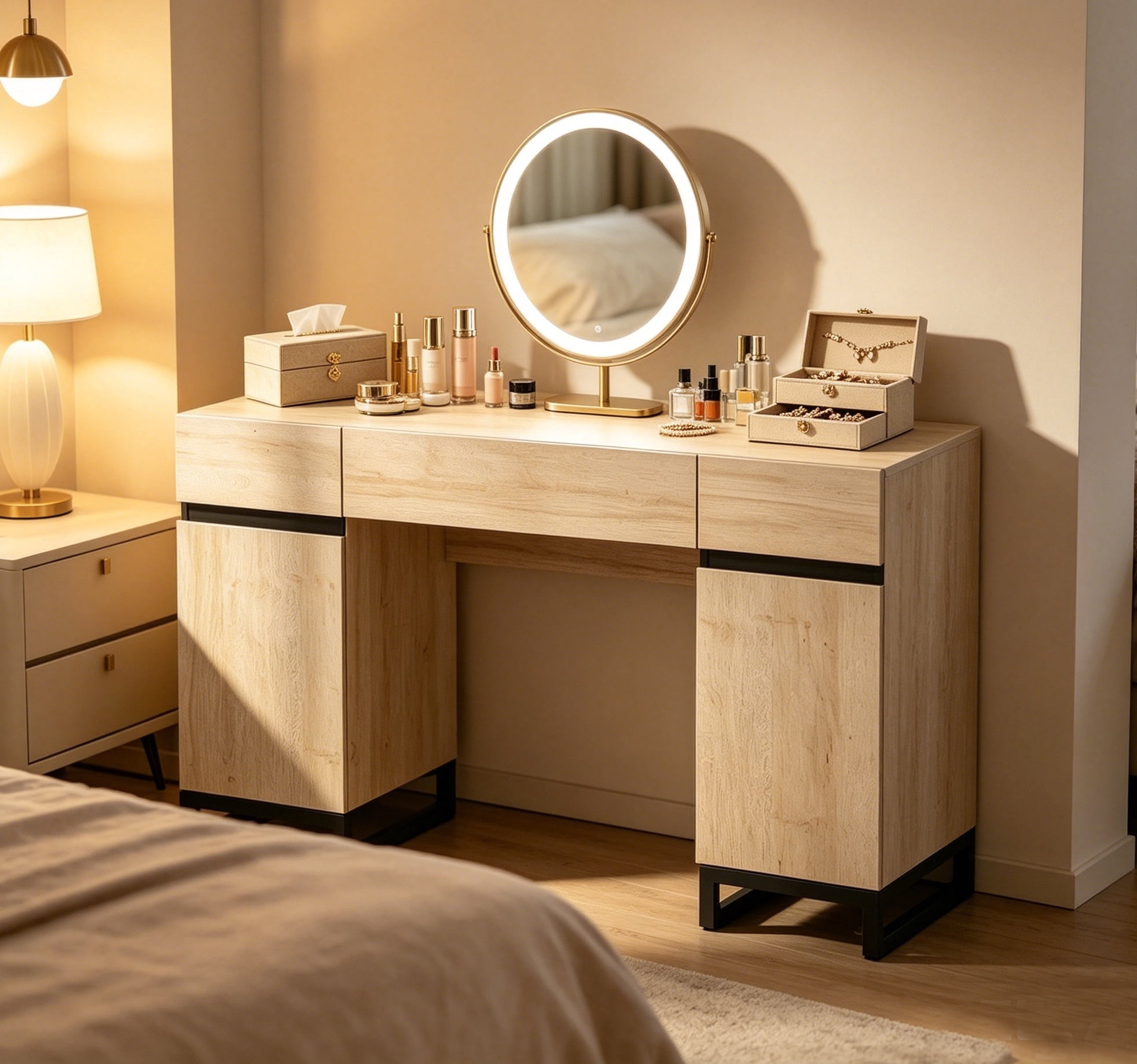 WAMPAT 59" Modern Vanity Desk, Wood Makeup Dressing Table with Charging Station, Drawers and Storage Cabinet for Bedroom Cosmetic Organization,Beige