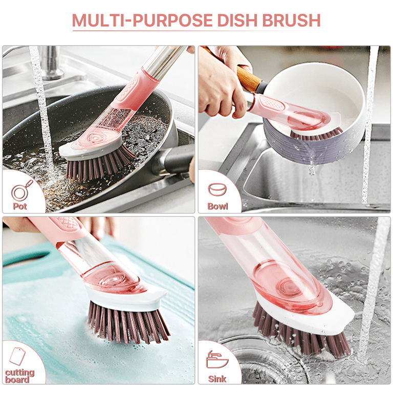 Dishwashing Brush Set, Dish Brush with Soap Dispensing Multi-Function Kitchen  Brush Washing Up Brush with Handle 4 Replacement Stiff Brushes and Stand 