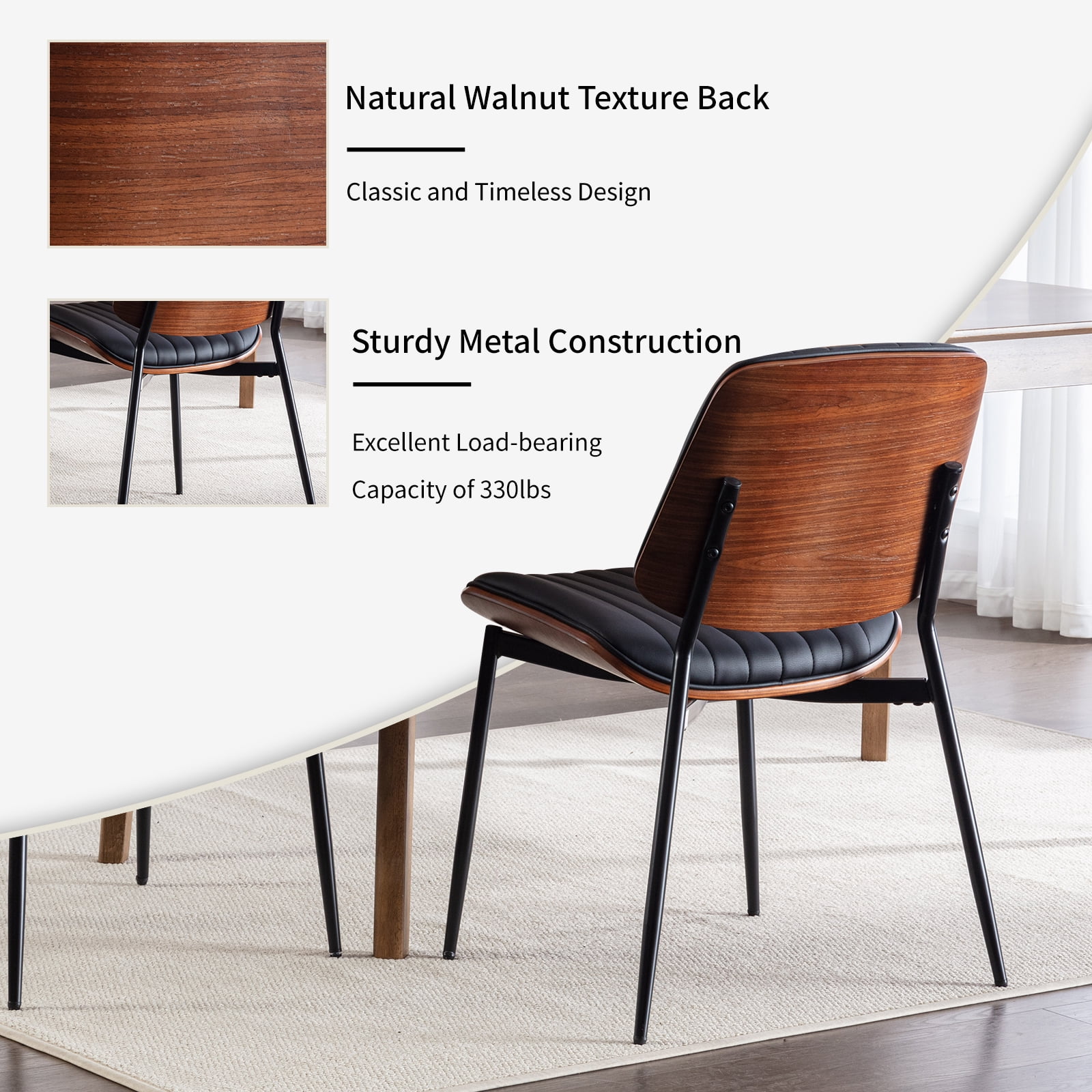 Mid Century Modern Dining Chairs Set of 6, Black Kitchen & Dining Room Chairs Set of 6, Upholstered PU Leather Kitchen Chairs for Dining Table, Sillas de Comedor, Metal Leg, Walnut Back(Black, 6 Pcs)