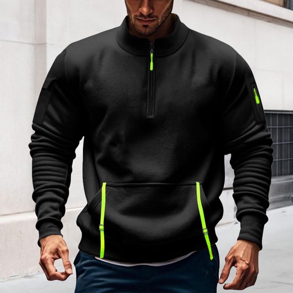 SYMOID Men’s 100% Polyester Quarter Zip Pullover Sweatshirt - Black, Size M, Quick-Dry, Slim Fit, Kangaroo & Arm Pockets, Stand-Up Collar