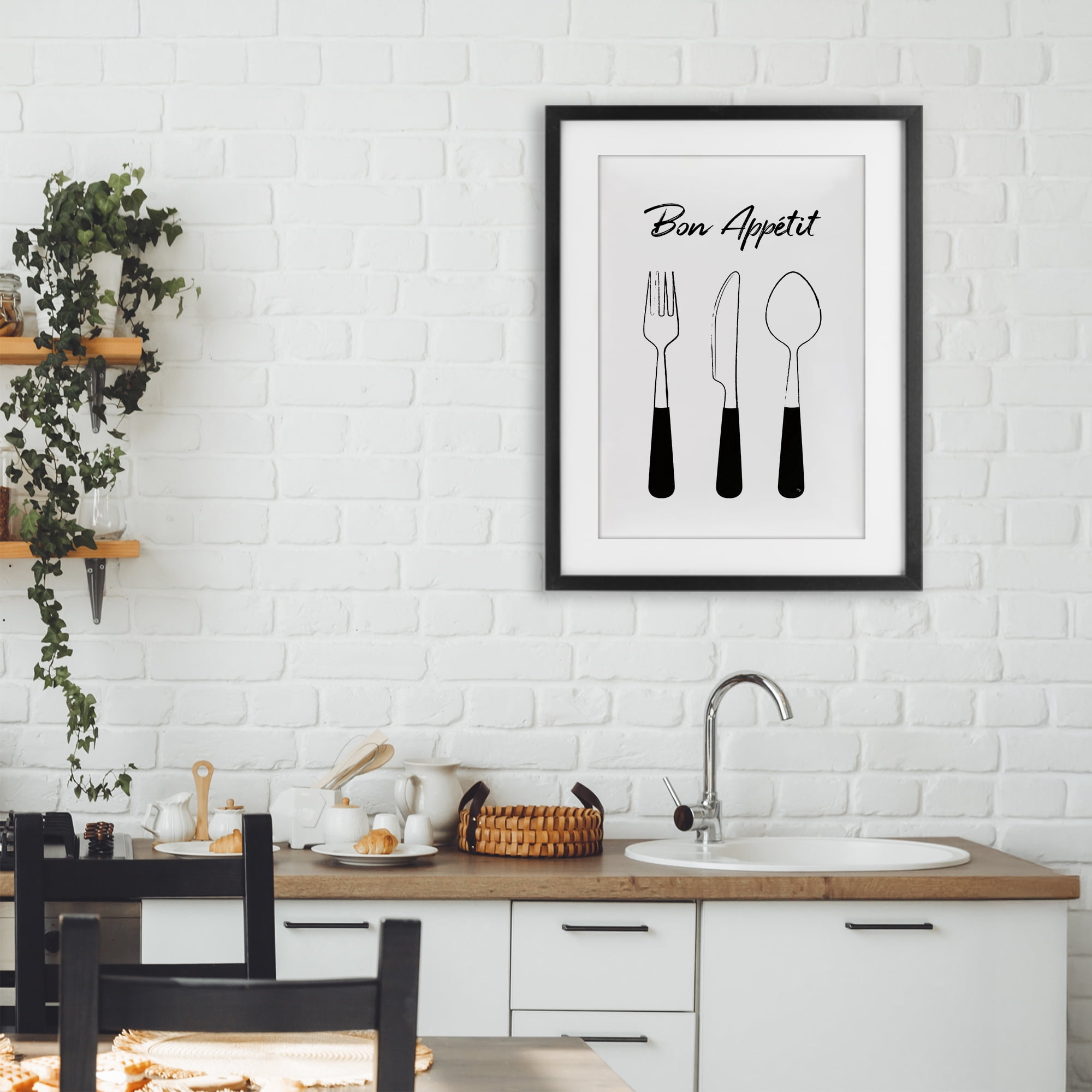Stupell Industries Bon Appetit Fork Knife Spoon Black Framed Print Under Glass, design by Martina Pavlova