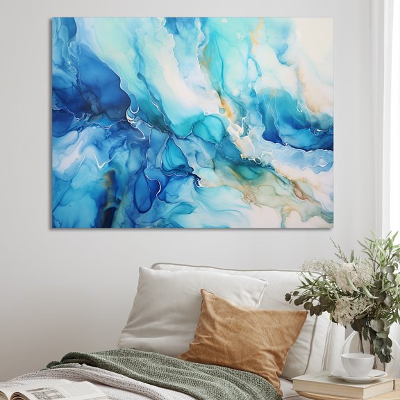 Designart "Liquid Ink Of Ocean In Blue And White" Abstract Shapes Canvas Wall Art