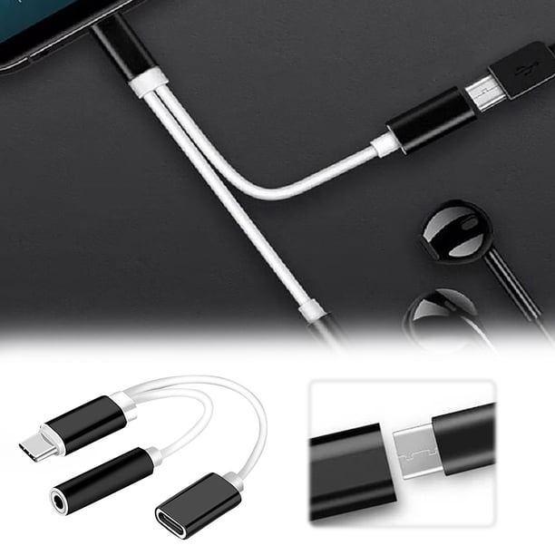Adaptador de audio tipo C TIPO C a 3,5 Auriculares para escuchar y cargar 2 en 1 Conector de audio negro