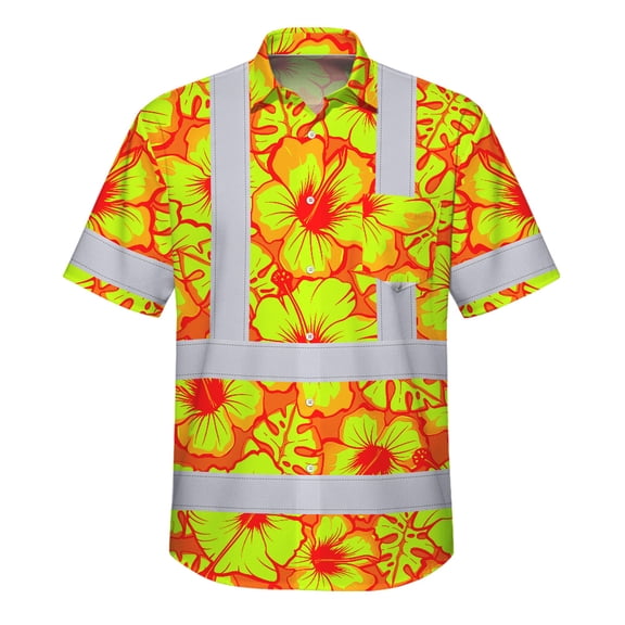 Hi Vis Hawaiian Shirt Reflective Tapes Orange Neon And Yellow Flowers Custom Name Safety Workwear For Workers, Truckers, Operators
