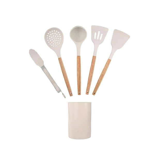 Juego de Espátulas y Cucharas de Silicona con Mango de Madera Blanco | Utensilios de Cocina Antiadherentes Compatibles con Sartenes | Juego de 6 Cucharas para Saltear, Cucharas para Sopa y Pinzas par