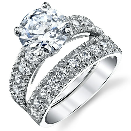 Cubic Zirconia Silver Wedding Ring - Sterling Silver Cubic Zirconia 3.10 Carat CTW Round Cut CZ Wedding Engagement Ring Set