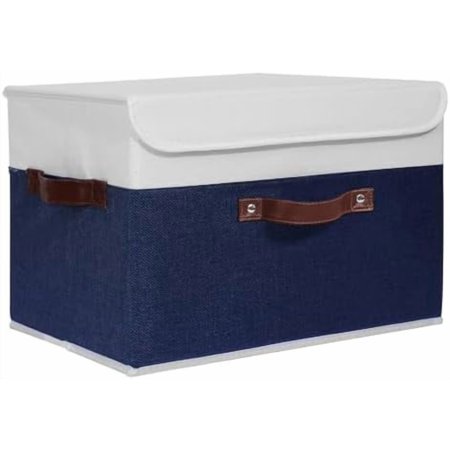 Storage Boxes with Lids Washable Decorative Storage Bins Basket with PU Leather Handle Foldable Linen Fabric Storage Cubes Containers for Home Closet Organizer - Deep Blue White Large Size