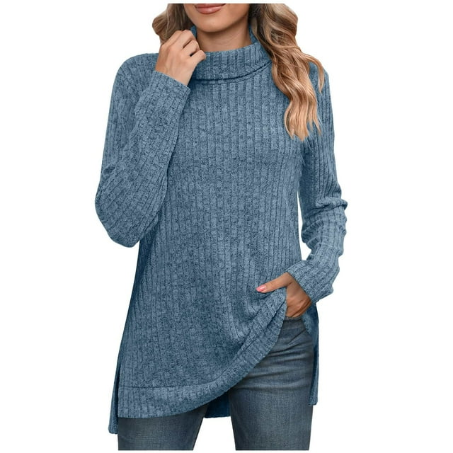 KIHOUT Spring Winter Womens Tops Casual Solid Color Pullover Round-Neck Turtleneck Long Sleeve Blouse Loose Blouse Tops