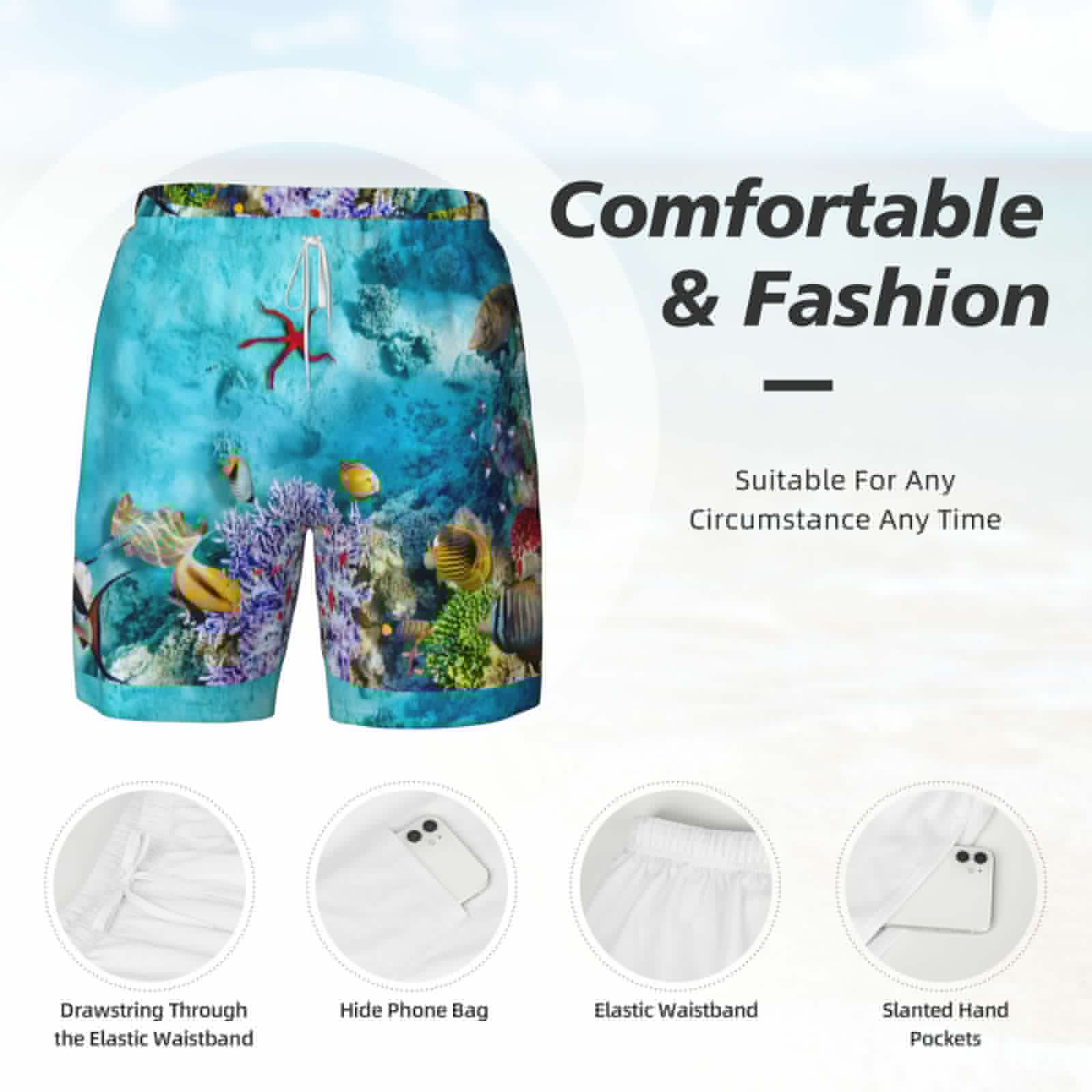 thumbnail image 6 of Picia Corals and Tropical Fish pattern Mens Swim Trunks with Compression Liner Stretch Beach Shorts Quick Dry with Zipper Pockets No-Chafing Board Shorts-Small, 6 of 9