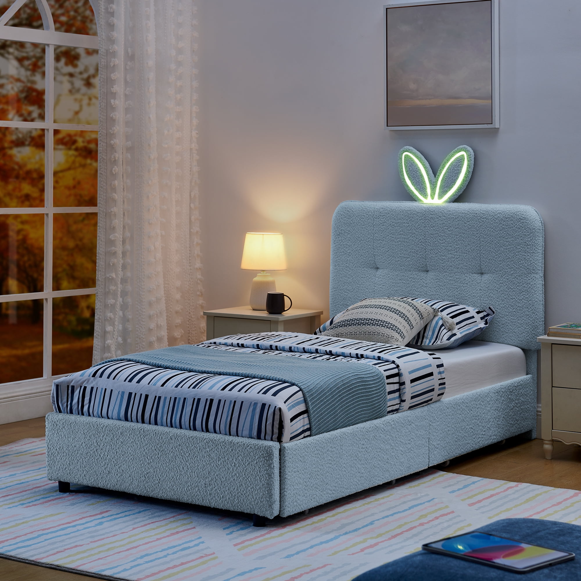 Mintazer Twin Upholstered Kids Bed with Oversized Rabbit Ear Headboard, Boucle Fabric Platform Bed with LED Headboard & 4 Storage Drawers, Blue