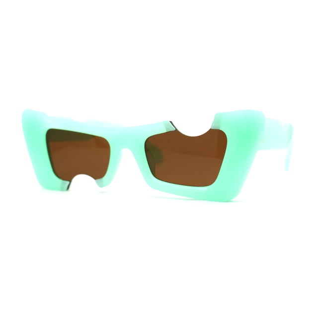 Womens Avant Garde Hole Punch Cropped Thick Plastic Mod Sunglasses Green Brown
