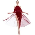 thumbnail image 5 of IBTOM CASTLE Women Lyrical Dance Dress Shiny Criss Cross Spaghetti Strap Full Circle Mesh Tulle Long Dress with Brooch Pin L Wine Red, 5 of 8