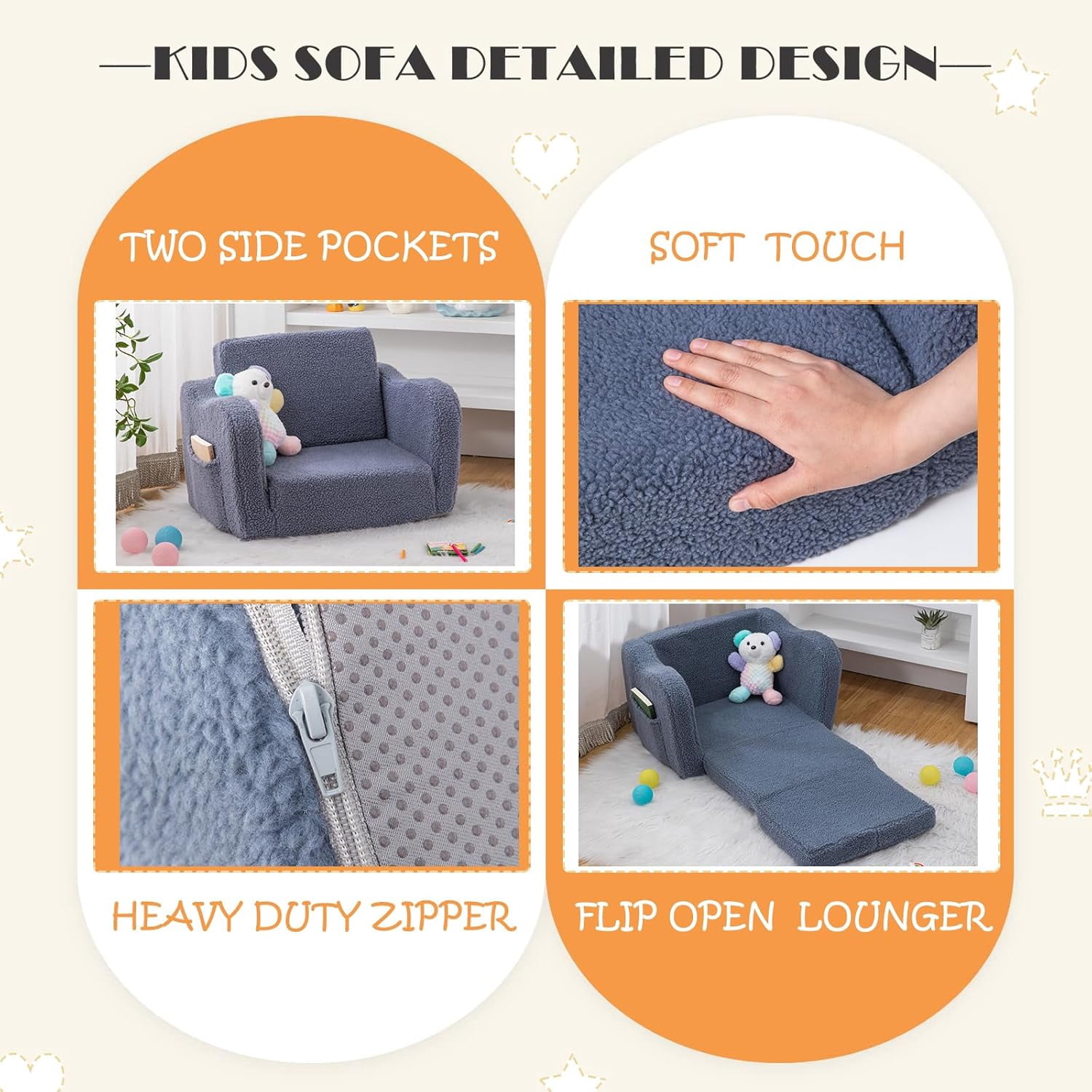 Toddler Baby Chair Couch Sofa Kids Foldable 2-in-1 Sherpa Fold Out Couch Bed Toddler Chairs Comfy for Boys & Girls Convertible Kids Furniture Lounge Chair for Playroom with Double Pockets, Dark Grey