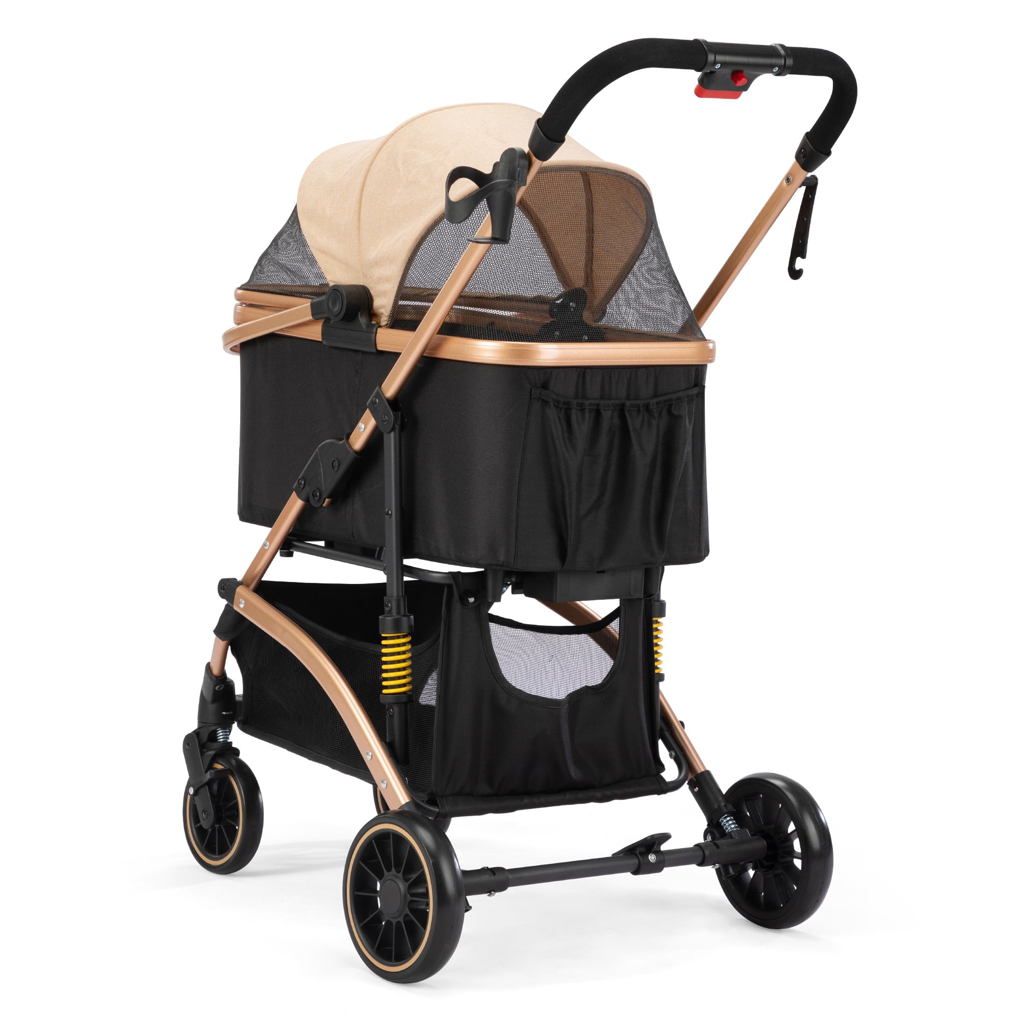 Pefilos 4 Wheels Pet Stroller Folding Lightweight Dog Stroller with Detachable Carrier & Storage Basket, Dog Cat Travel Stroller for Puppies, Doggies, Kitties, Black