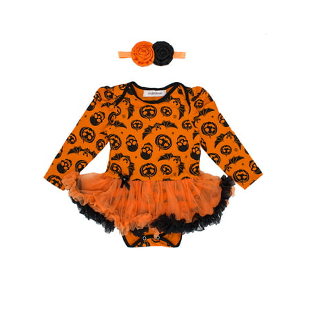 StylesILove Infant Baby Girl Halloween Long Sleeve Cotton Romper Tutu Party Dress and Headband 2 pcs Outfit Set (L/6-12 Months, Orange)