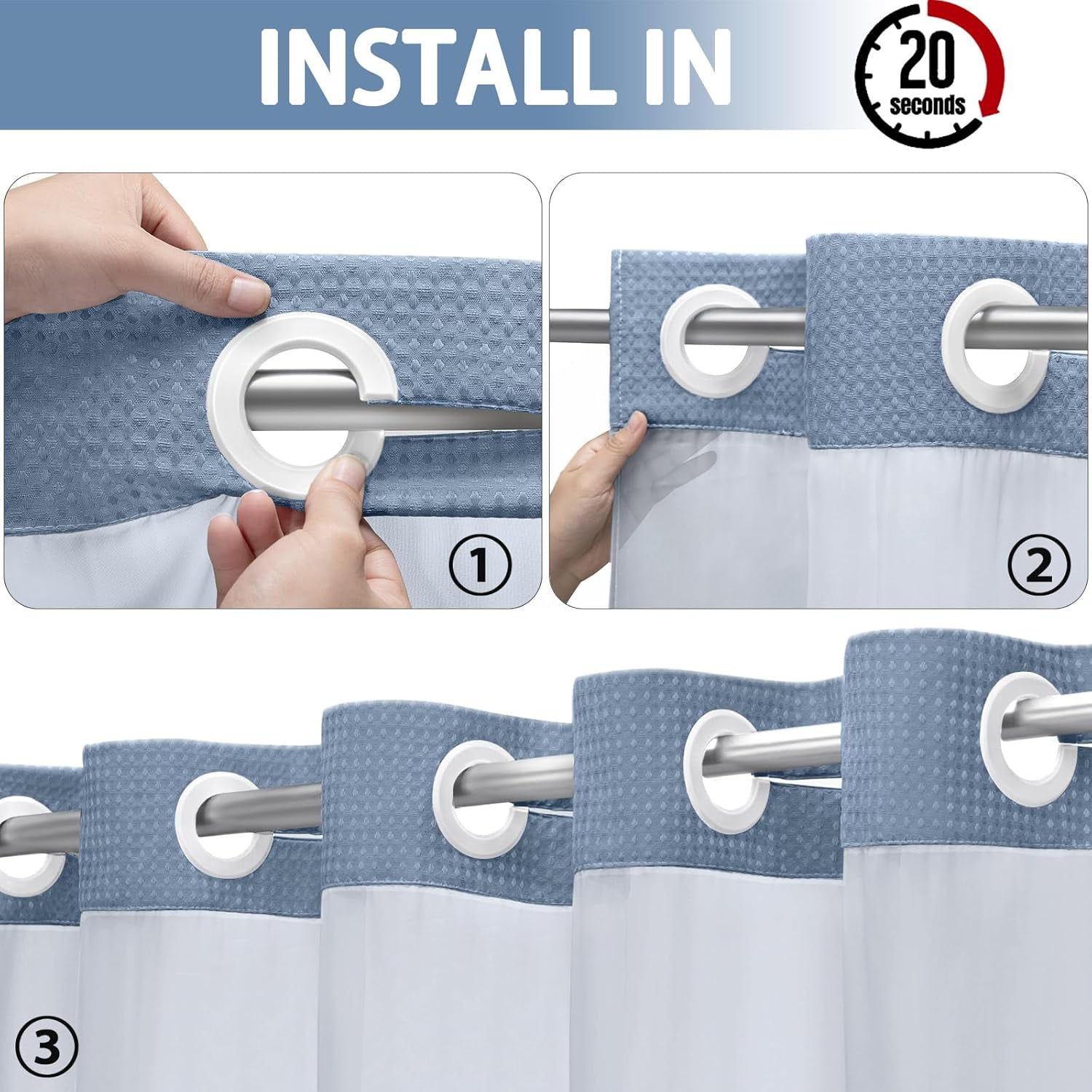 Zrodlmo No Hook Fabric Shower Curtain with Snap-in Liner, Waffle Waterproof and Mildew Resistant Bathroom Curtain, 72"x 74", Moon Blue