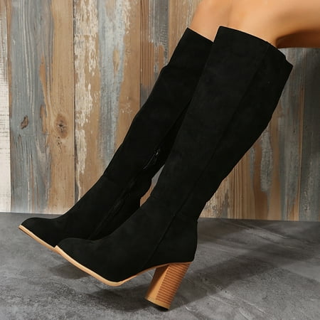 

Women‘s Chunky Heel Knee High Boots Solid Color Pointed Toe High Heels Comfortable Side Zipper Shoes