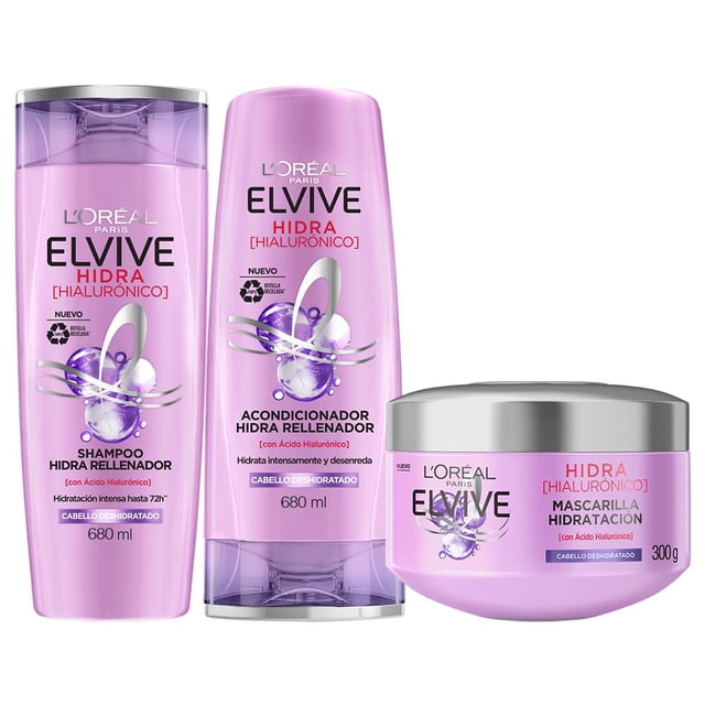 L'Oreal Paris Elvive Hidra Hialuronico Rutina de 3 Pasos, Shampoo 680ml + Acondicionador 680ml + Mascarilla Hidratacion para Cabello 300g. 3pack Ideal para Cabello Seco y Maltratado, Recupera