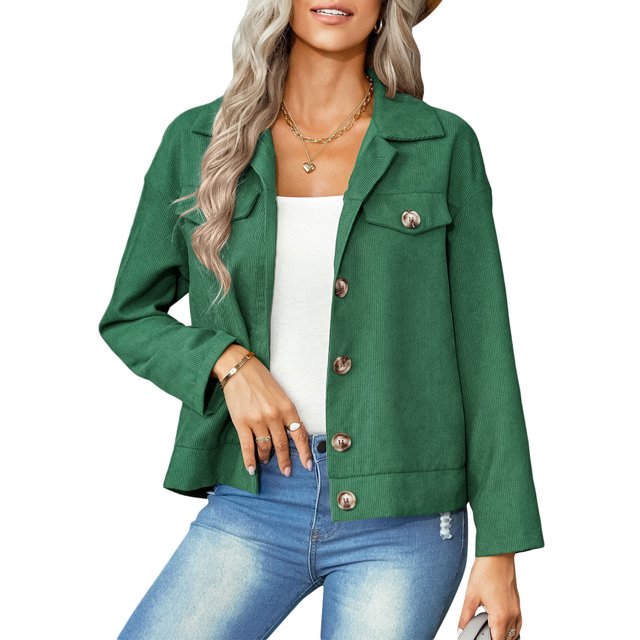 SAYOO Chaqueta de manga larga para mujer, abrigo ajustado con cuello vuelto y botones de color liso, prendas de vestir exteriores informales de estilo callejero simple SAYOO S M L XL