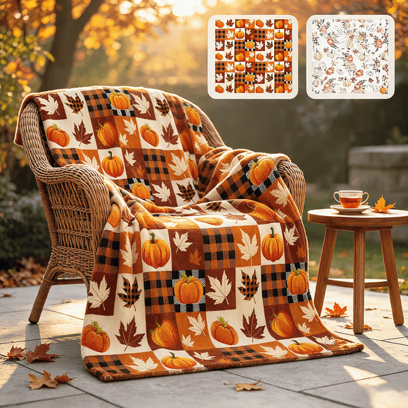 Kdkad Fall Throw Blanket, Soft Fleece Pumpkin Maple Leaf Blanket for Thanksgiving Decorations, Cozy Warm Family Quilt, Indoor Fall Decor for Bedroom Living Room Couch Chair Sofa, M