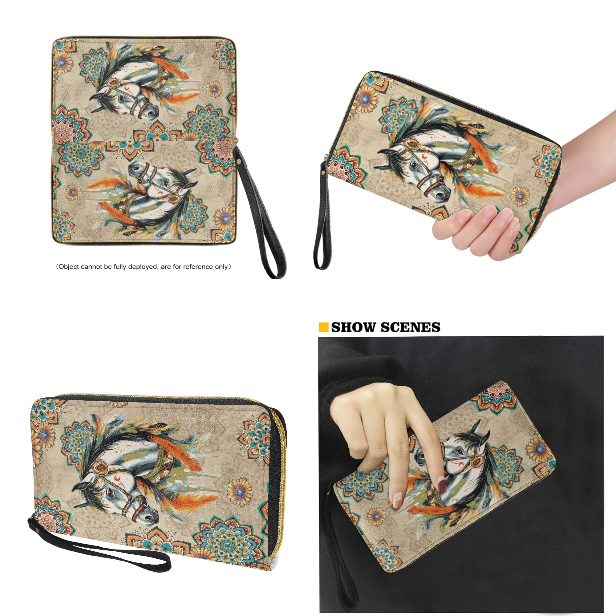 Kuiaobaty Horse Print Satchel Handbag for Women, Mandala Flowers Print Shoulder Bag Leather with Adjustable Strap, Ethnic Style Tote Handbag Set 2pcs for Travel, Beige