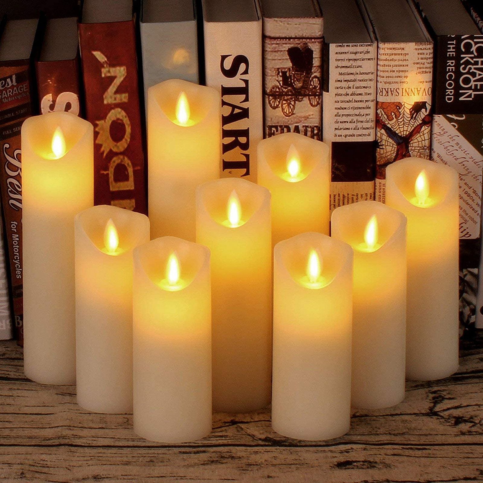Flameless Flickering Battery Operated Candles 4" 5" 6" 7" 8" 9" Set of 9 Ivory Real Wax Pillar LED Candles with 10-Key Remote and Cycling 24 Hours Timer (Ivory)
