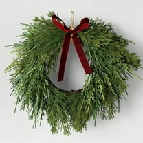 16.5" Christmas Artificial Cedar Wreath with Burgundy Velvet Bow, Green Christmas Draping Oval Cedar Wreath for Home Decor, Front Door, Wall & Windows Christmas Decorations Indoor & Outdoor