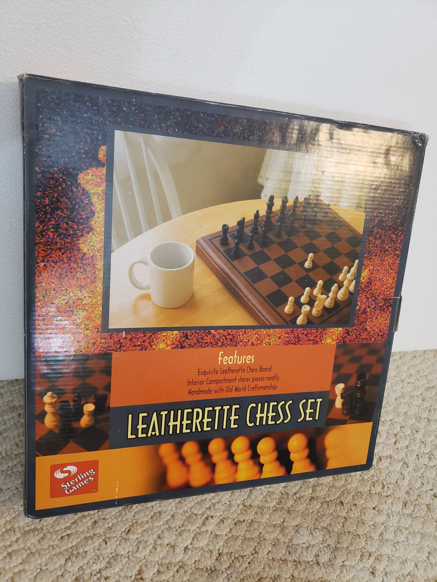 Sterling Games Leatherette CHESS Set - Features 3 inch King with 1.5" Squares - Exquisite Leatherette Chess Board 15"x15"  - Interior Compartment Stores Pieces