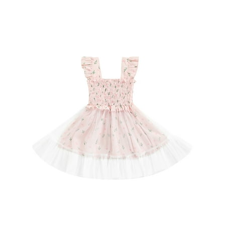 

Calsunbaby Infants Baby Girls Summer Smocked Dress Toddlers Cute Sleeveless Floral Print Ruffle Strap Tulle Skirt