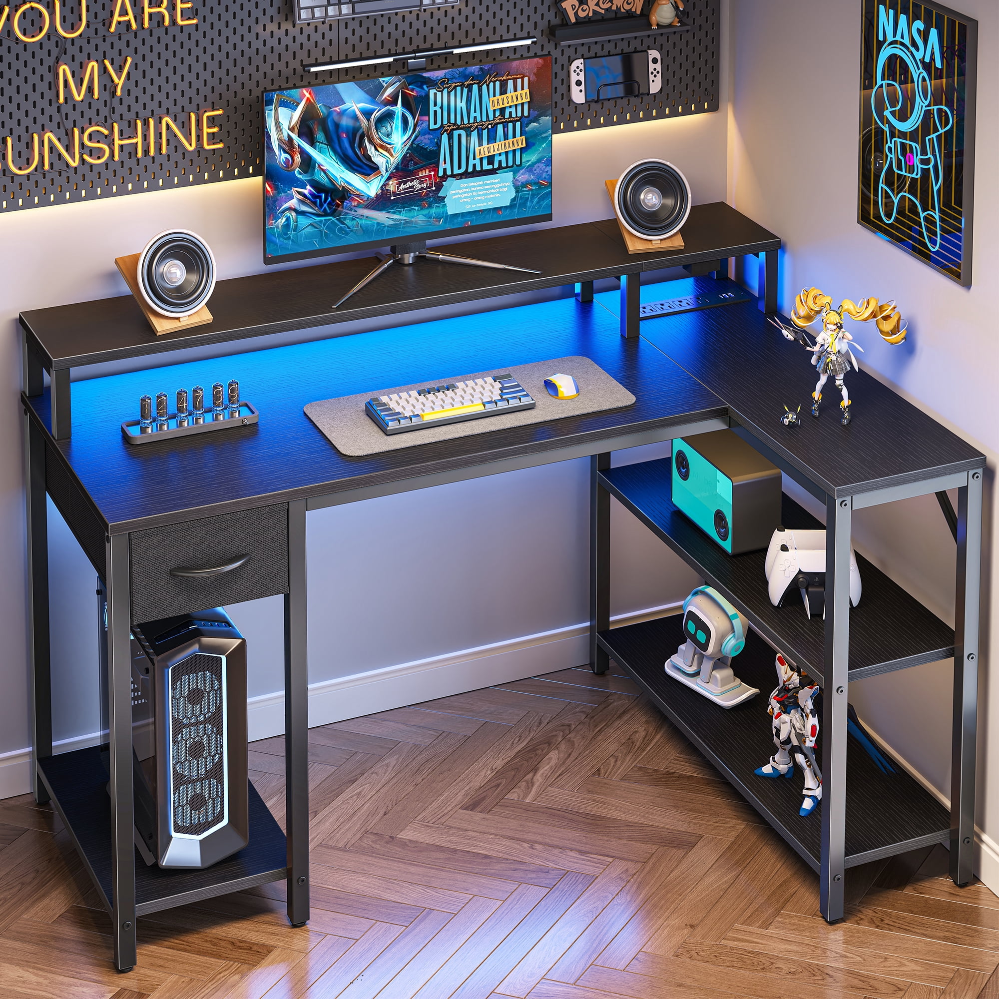 Amadwell 47 Inch L Shaped Desk with LED Strip, Corner Gaming Desk with Power Outlet, Drawer & Shelves
