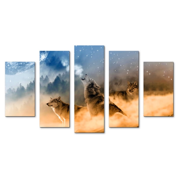 Cuadro Decorativo Lobos Aullando Luna Juego De 5 Piezas 150x80cm Ideal Para Sala Oficina Recámara Decoración Moderna