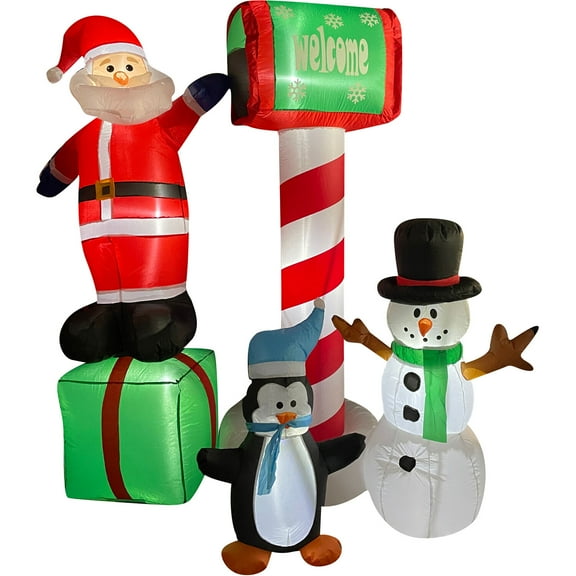 Fraser Hill Farm 6 ft Tall Welcome Mailbox with Santa, Snowman, and Penguin, Outdoor Blow-Up Christmas Inflatable with Lights and Storage Bag, FHFSASNPGN061-L