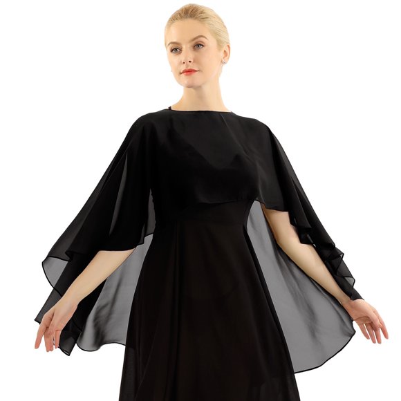 iefiel Women Chiffon Shawl Cape High-Low Tops Capelet Bridal Wedding Evening Wraps Bolero Shrug Black One Size